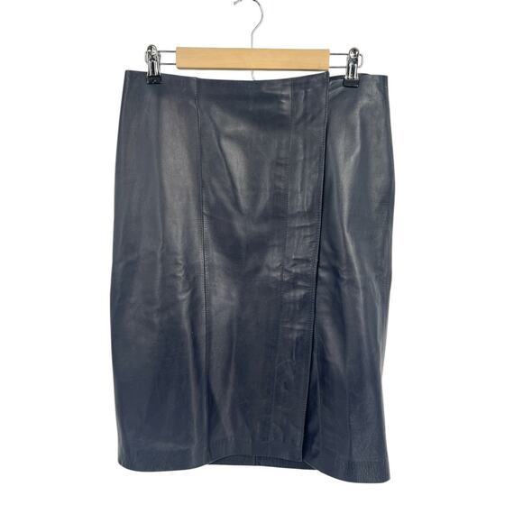Talbots Navy Blue Lamb Leather Zip Front Knee Length Leather Skirt Size 6 - Picture 1 of 5